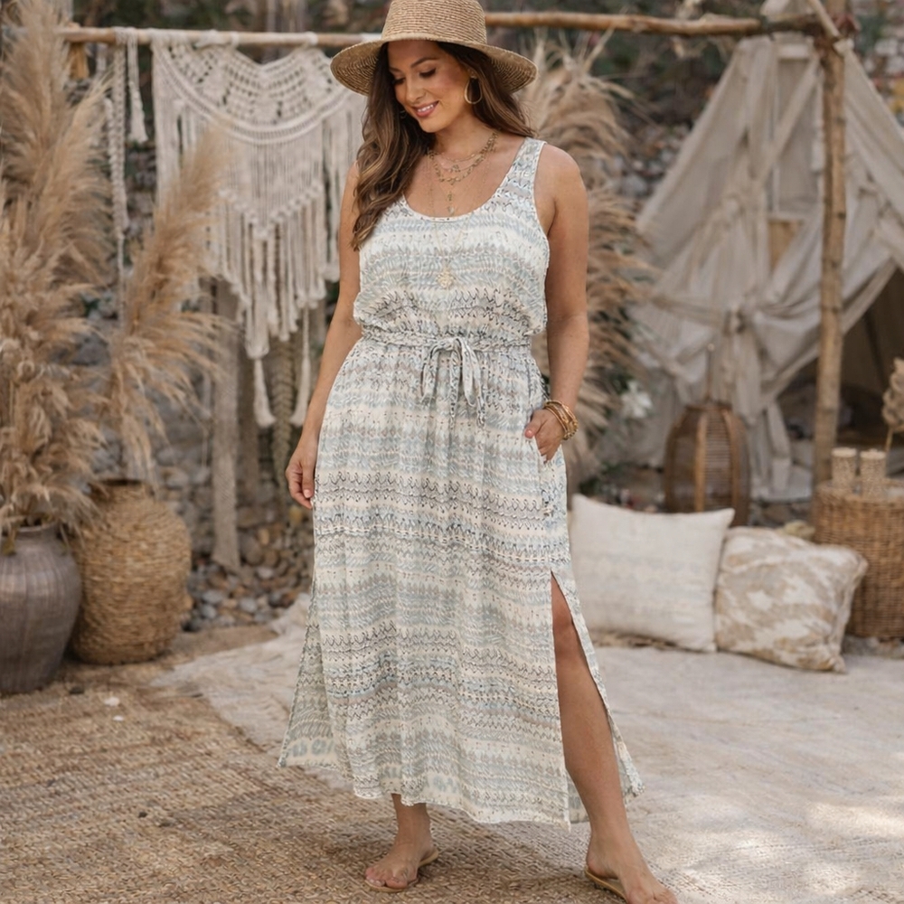 Karen Kane 100% Rayon Boho Maxi Dress | Abstract Print Sleeveless Elastic Waist